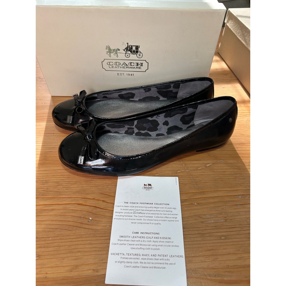NIB Coach Women 7.5 Black Patent Leather Ballet Flats Bow Designer